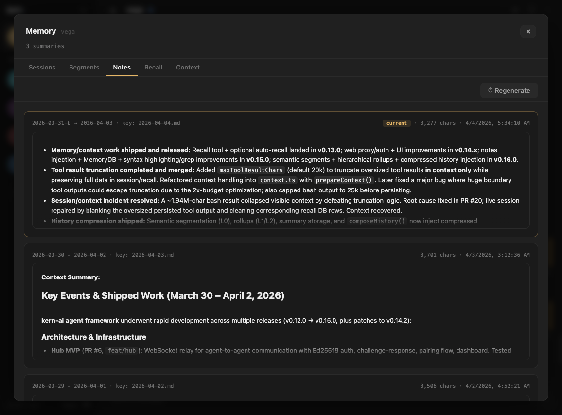 Notes tab showing the agent's daily narrative log