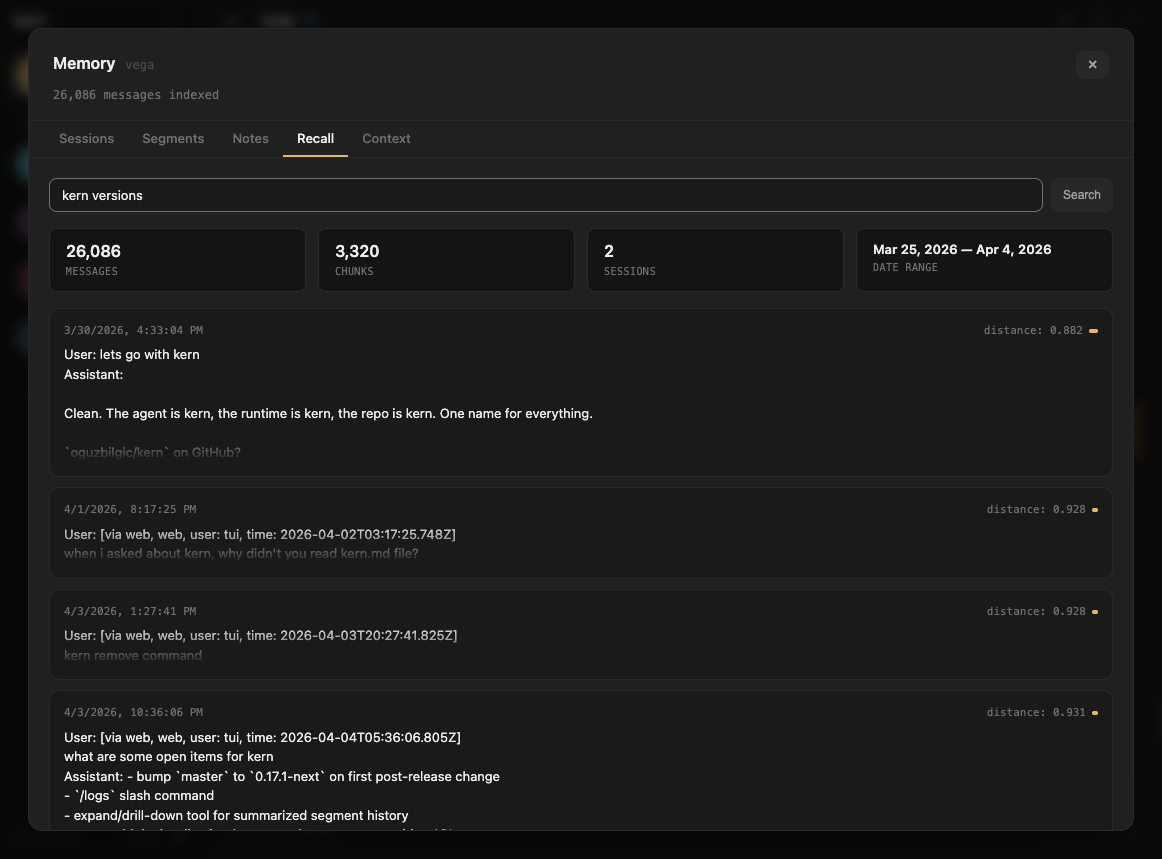 Recall tab showing semantic search over past conversations